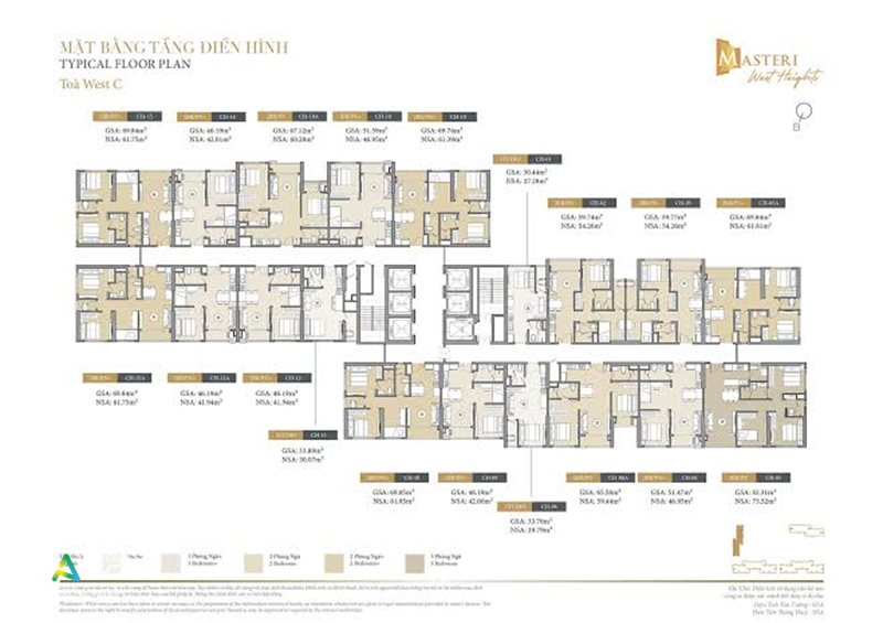 Tòa West C Masteri West Heights - Mặt bằng và diện tích căn hộ phổ biến
